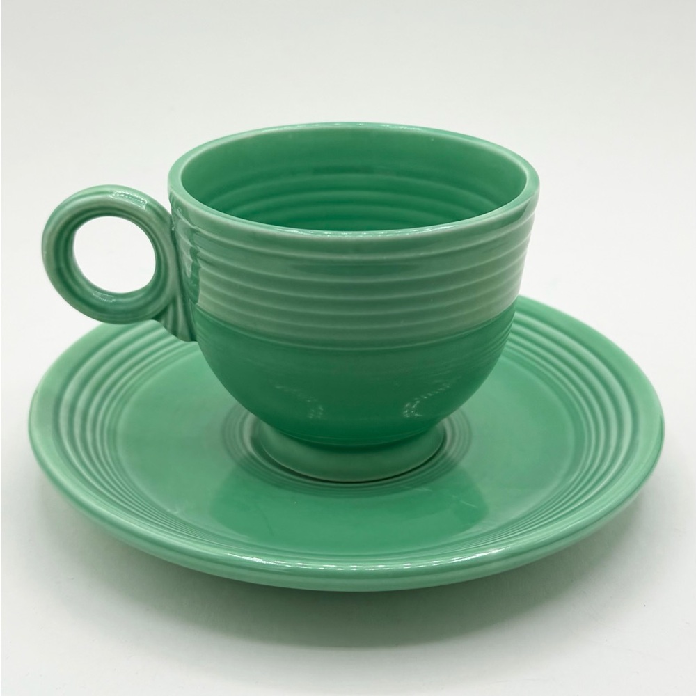 RARE Light Green Fiestaware Coffee Cup & Saucer O Ring Handle Set Homer Laughlin